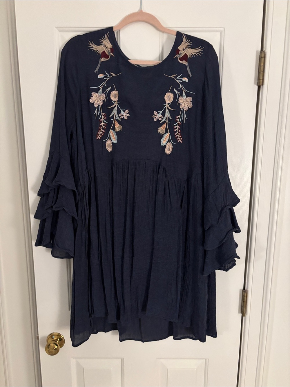 Umgee Navy Embroidered Long-Sleeve Boho Dress